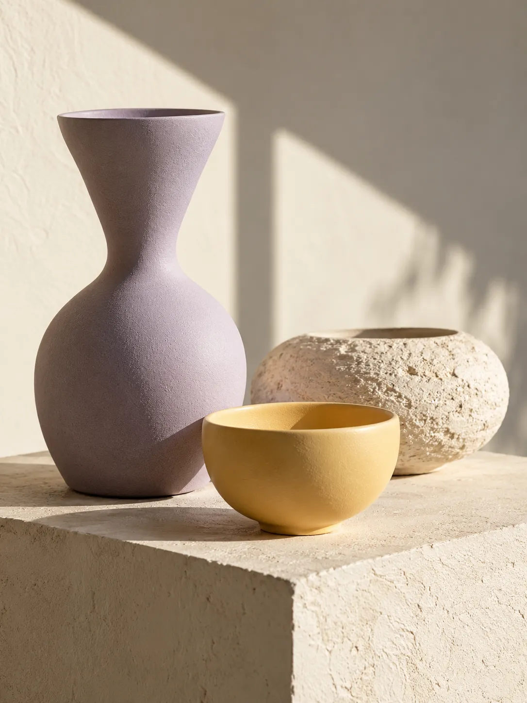 A lilac ceramic vase, yellow bowl and textured stone vessel in warm directional light.