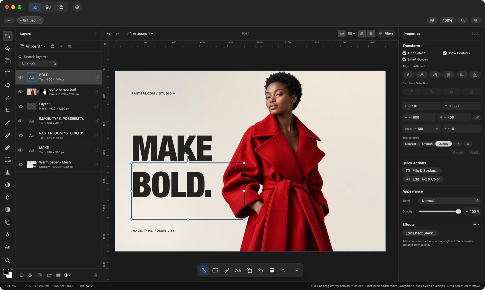 Rasterloom’s native Mac editor, showing editable text and a masked portrait in a full-canvas MAKE BOLD poster.